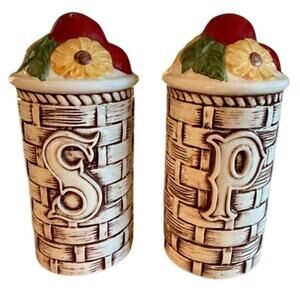 Vintage Apple & Daisy Basketweave Salt & Pepper Shakers 1970s  Ceramic Set